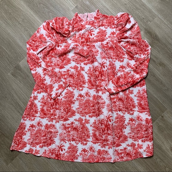 💢SOLD💢 SHEIN Frill Neck Puff Sleeve Landscape Print Belted Dress - Picture 2 of 8